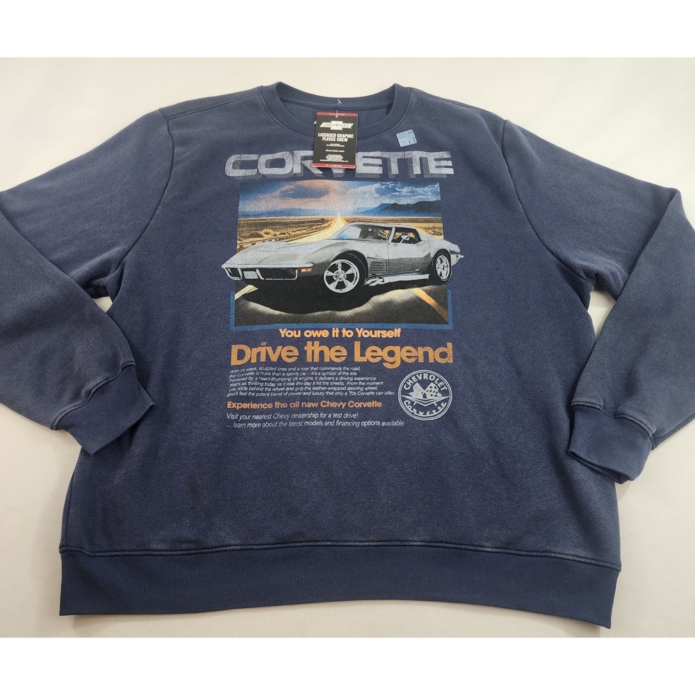 Chevrolet Corvette Graphic Fleece Sweatshirt XL Navy Blue Drive the Legend Crew